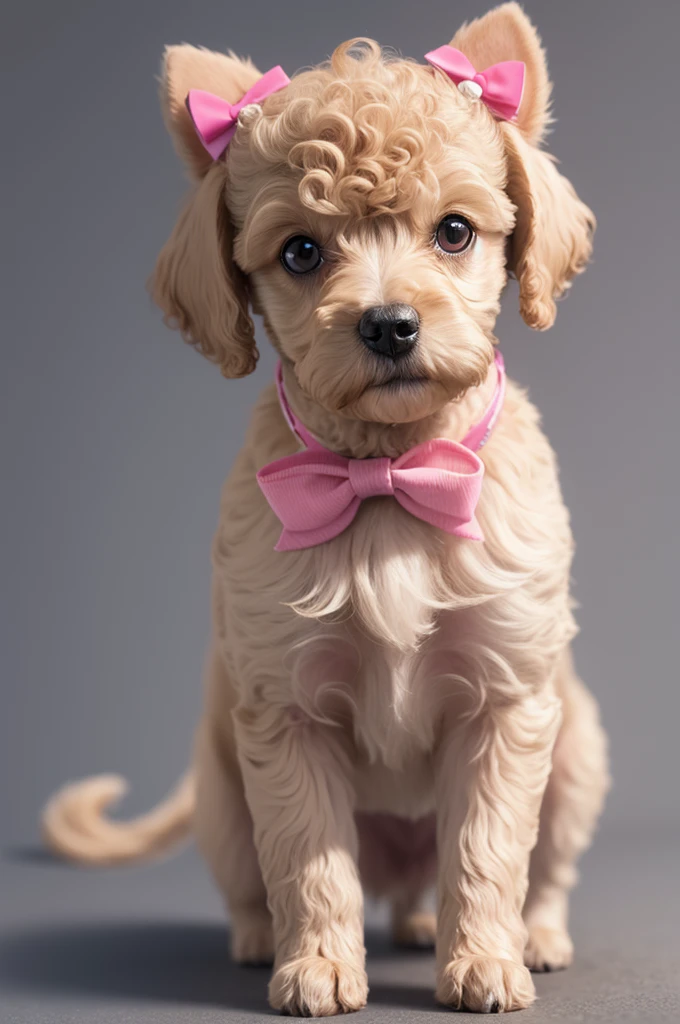 a 3d image of a little dog with a pink bow, a blonde hair, and she is a medium breed poodle. it is still and with a bright background 