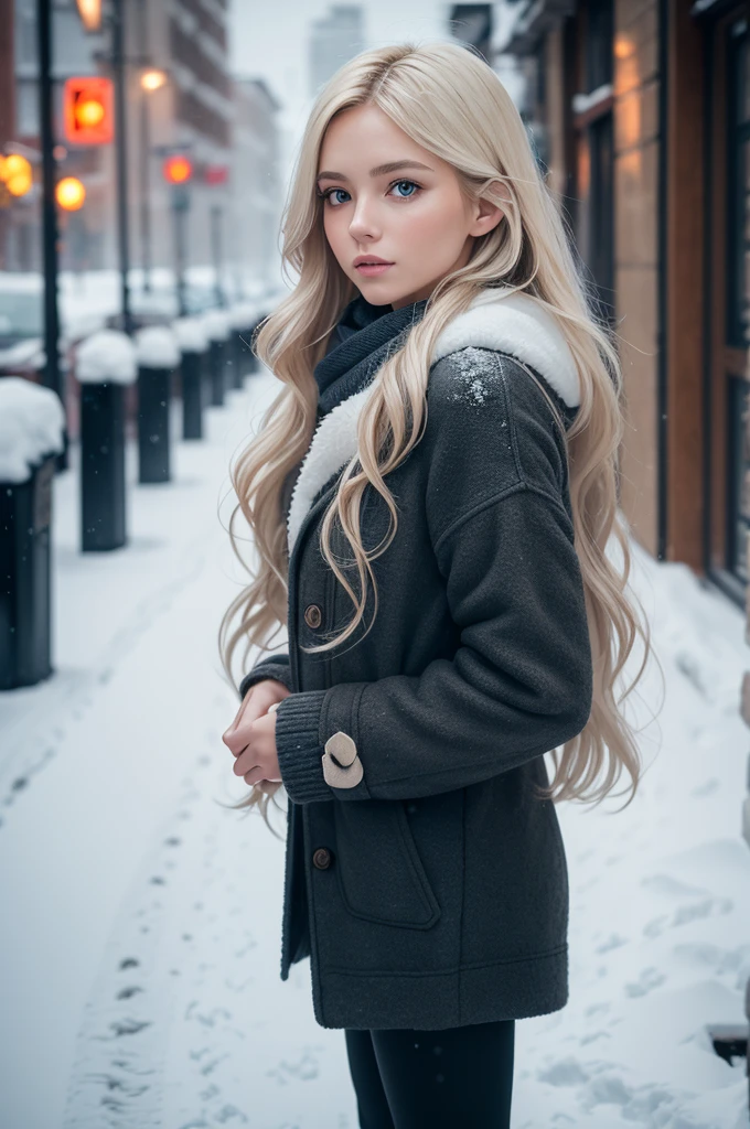 professional photography of a beautiful norwegian girl in winter clothes with long wavy blonde hair, sensual and seductive look, beautiful symmetrical face, beautiful natural makeup, wearing chic warm winter fashion clothing, ((standing outside on the snowy city street)), impressive modern urban environment, ultra realistic, conceptual artwork, chic, highy detailed, intricate, sharp focus, Depth of field, f/1. 8, 85 mm, medium shot, mid shot, (((professional color grading))), soft and bright diffused light, (Volumetric fog), Trends on Instagram, HD 4k, 8K