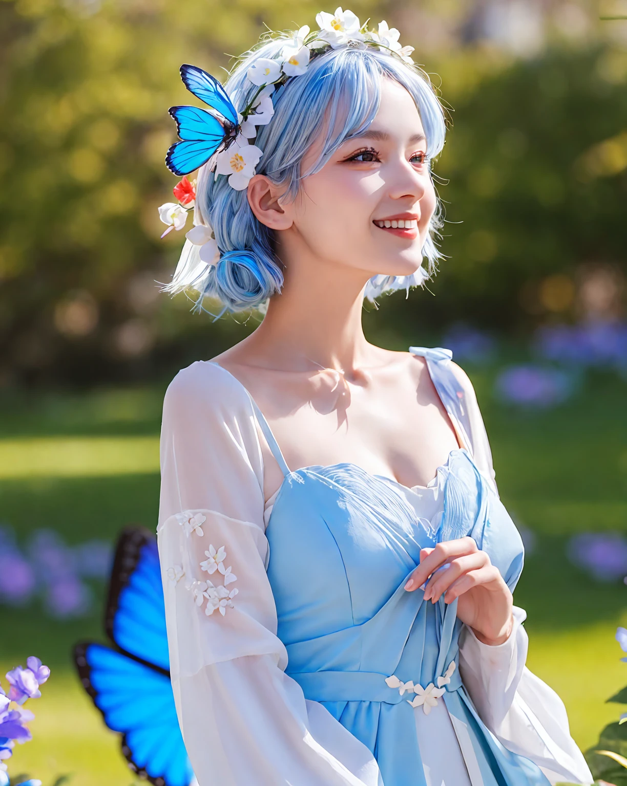 the greatest masterpiece, best quality, bokeh, depth of field, 8K, uhd, HDR, (Realistic realistic raw photos, whole body), Very high ultra-high resolution, looking to the side, kamisato ayaka (봄flower 편지), forehead, Very detailed and delicate expression, very realistic and realistic,butterfly headdress, hai,flower, blue dress, 1 woman, butterfly, detailed, detailed, realistic actual ,blue eyes, flower, headdress, realistic actual, light blue hair, light, 현실적 사실적인 실제 light, very realistic인 그림자, light 반사, light source tracking, outdoors, alone, sky, cloud, forehead, long sleeves, possession, looking at viewer, blue butterfly, dress, afternoon, very realistic, blue sky, chest, 큰 chest, cloudy sky, blue flower, laugh, closed mouth, 