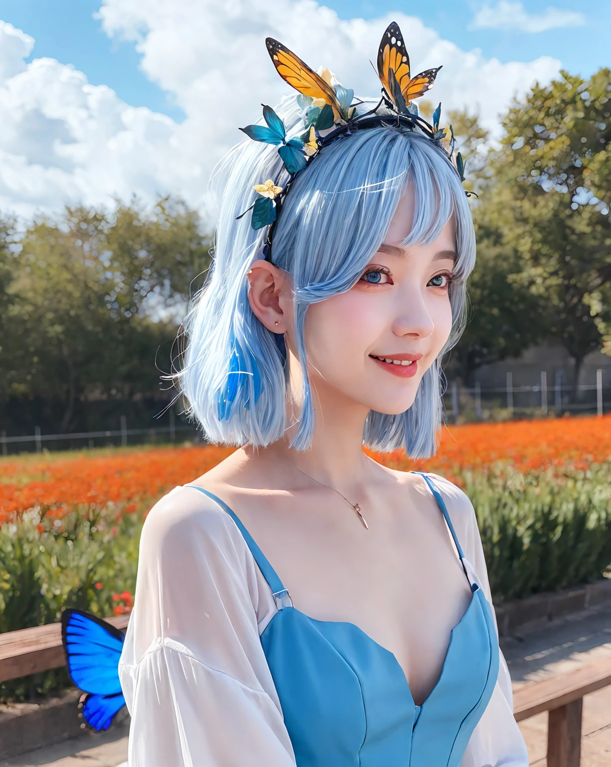 the greatest masterpiece, best quality, bokeh, depth of field, 8K, uhd, HDR, (Realistic realistic raw photos, whole body), Very high ultra-high resolution, looking to the side, kamisato ayaka (봄flower 편지), forehead, Very detailed and delicate expression, very realistic and realistic,butterfly headdress, hai,flower, blue dress, 1 woman, butterfly, detailed, detailed, realistic actual ,blue eyes, flower, headdress, realistic actual, light blue hair, light, 현실적 사실적인 실제 light, very realistic인 그림자, light 반사, light source tracking, outdoors, alone, sky, cloud, forehead, long sleeves, possession, looking at viewer, blue butterfly, dress, afternoon, very realistic, blue sky, chest, 큰 chest, cloudy sky, blue flower, laugh, closed mouth, 