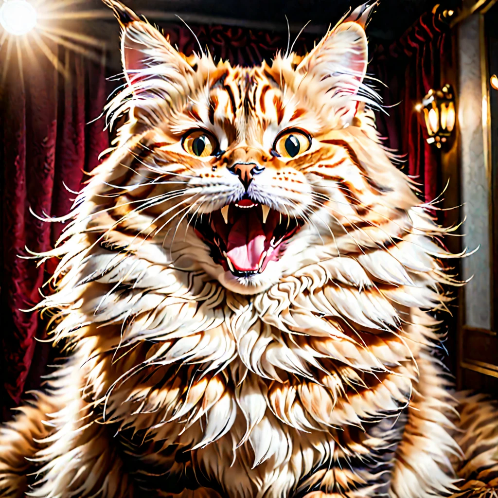 happy siberian cat laughing at the camera, photo realist, high qualiy,  SimplePositivoXLv2, work of art, best qualityer, engine unreal, 8K, 4K, EXTREMELY CLEAR, ultra detaild, still cinematic film, Shallow depth of field, vignette, highy detailed, filme de hollywood