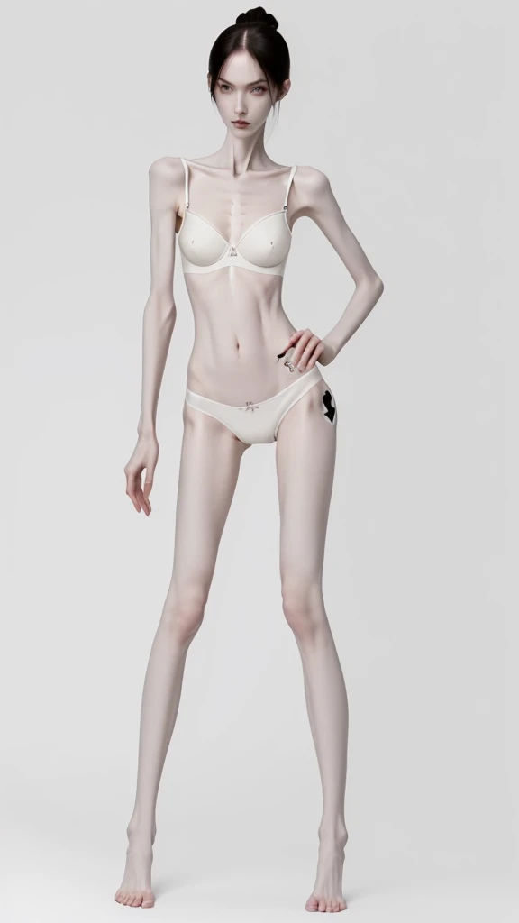 a woman, very thin body, body visible bones, very slender , sweaty weat body, pale white skin, panties, bra,tatto, full body