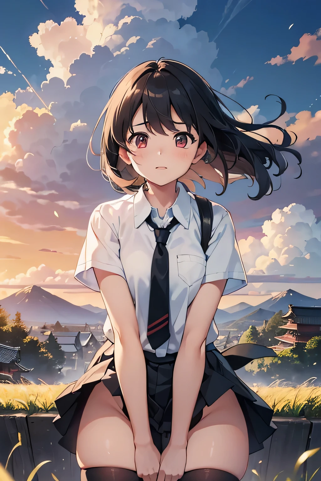 ,((Highest quality,4K, masterpiece:1.3)),((High Resolution)),((It's wonderful)),((Japan countryside:1.2)),((Japan countryside:1.2)),((Japan countryside:1.2)),((Japan countryside:1.2)),((Japanese mountain trails and rice terraces:1.2)),((Standing at the bus stop:1.2)),((Standing at the bus stop:1.2)),(Do not split frames),(Do not split),(Do not split),(sunset:1.2),(sunset:1.2),(sunset:1.2),(sunset:1.2),(One woman:1.8),(One woman:1.8),(One woman:1.8),((dutch angle shot:1.2)),((dutch angle shot:1.2)),((upper body shot:1.2)),((upper body shot:1.2)),((upper body shot:1.2)),((shoot from above:1.2)),((shoot from above:1.2)),((school uniform, short sleeve shirt:1.2)),((school uniform, short sleeve shirt:1.2)),((school uniform, short sleeve shirt:1.2)),((school uniform, short sleeve shirt:1.2)),(A tie blowing in the wind:1.4),(A tie blowing in the wind:1.4),(A tie blowing in the wind:1.4),((wavy mouth:1.4)),((wavy mouth:1.4)),((wavy mouth:1.4)),((pigeon toed:1.2)),((pigeon toed:1.2)),((pigeon toed:1.2)),((Bend your knees and stand with your legs together:1.2)),((Bend your knees and stand with your legs together:1.2)),((Bend your knees and stand with your legs together:1.2)),((Bend your knees and stand with your legs together:1.2)),((Bend your knees and stand with your legs together:1.2)),((Bend your knees and stand with your legs together:1.2)),((Hold down the hem of your skirt, which is about to be blown up by the wind:1.2)),((Hold down the hem of your skirt, which is about to be blown up by the wind:1.2)),((Hold down the hem of your skirt, which is about to be blown up by the wind:1.2)),((Hold down the hem of your skirt, which is about to be blown up by the wind:1.2)),((face focus:1.4)),((face focus:1.4)),((face focus:1.4)),((face focus:1.4)),(Shy laugh:1.2),(Shy laugh:1.2),(Shy laugh:1.2),(Shy laugh:1.2),(Panic look:1.2),(Panic look:1.2),(Hair blowing in the strong wind:1.2),(Hair blowing in the strong wind:1.2),(Hair blowing in the strong wind:1.2),(shoot from front),(shoot from front),(shoot from front),((Light brown eyes:1.2)),((Light brown eyes:1.2)),((Beautiful highlighted eyes)),((Light brown eyes:1.2)),((Light brown eyes:1.2)),((Light brown eyes:1.2)),((Beautiful highlighted eyes)),((Light brown eyes:1.2)),((Shiny black hair:1.4)),((Shiny black hair:1.4)),((Shiny black hair:1.4)),((Fluffy short bob:1.2)),((Fluffy short bob:1.2)),((Fluffy short bob:1.2)),((Fluffy short bob:1.2)),((Parted bangs)),((Parted bangs)),((Parted bangs)),(Beautiful breasts),(Beautiful breasts),Japanese women, 14 years old gravure photo, High Contrast, Aperture F3.2, Focal length 100mm, (((peace sign))),wakame, wakame, wakame, wakame, wakame, wakame, wakame, wakame, wakame, wakame, wakame, wakame, wakame, wakame, wakame, wakame, wakame, wakame, wakame, wakame, wakame, wakame, wakame, wakame, wakame