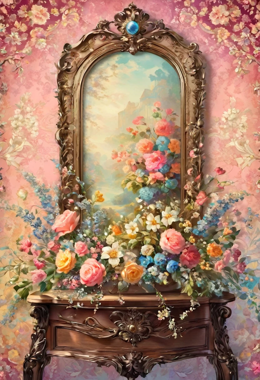 there is a picture of a picture of a beautiful flower arrangement, by Cindy Wright, floral painted backdrop, pastel flowery background, inspired by Cindy Wright, baroque style painting backdrop, dreamy floral background, vintage muted colors, floral lacework, retro vintage and romanticism, collage art background, inspired by Daniel Merriam, flower, victorian lace, dreamy and detailed,auto
