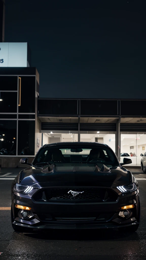 Un Ford Mustang GT color negro, in the city at night, posing on the side. black color