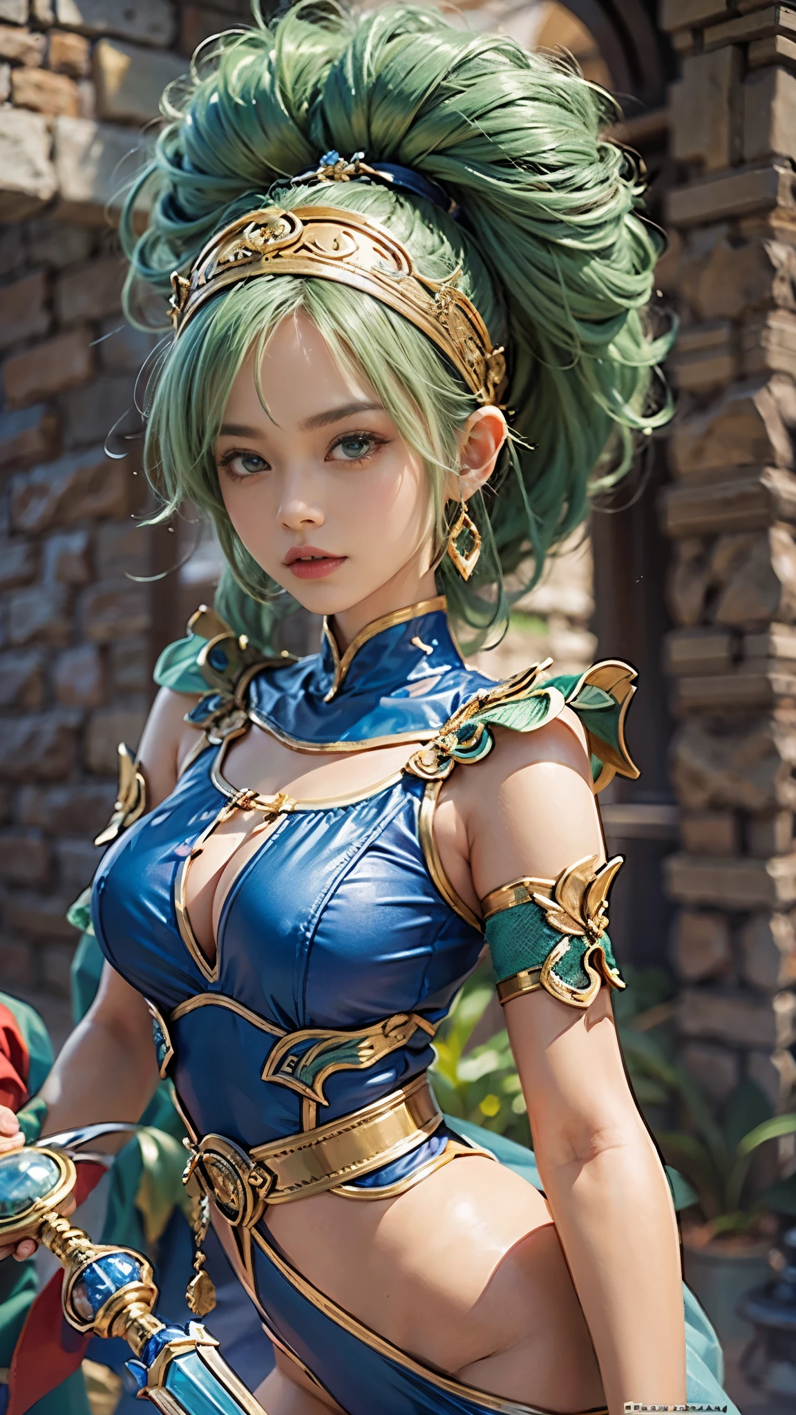 4k, best quality, realistic, detaile,A female hero from Dragon Quest 3 equipped with the Sword of Loto and the Shield of Loto. Huge saggy breasts, green afro hair, iron headband with a gem in the middle, wearing a blue leotard, the leotard is made of thin fabric, the shape of her erect nipples is clearly visible, high-cut leotard, pussy lines are visible, inside the Demon King's castle, stone wall, lamp on the wall.