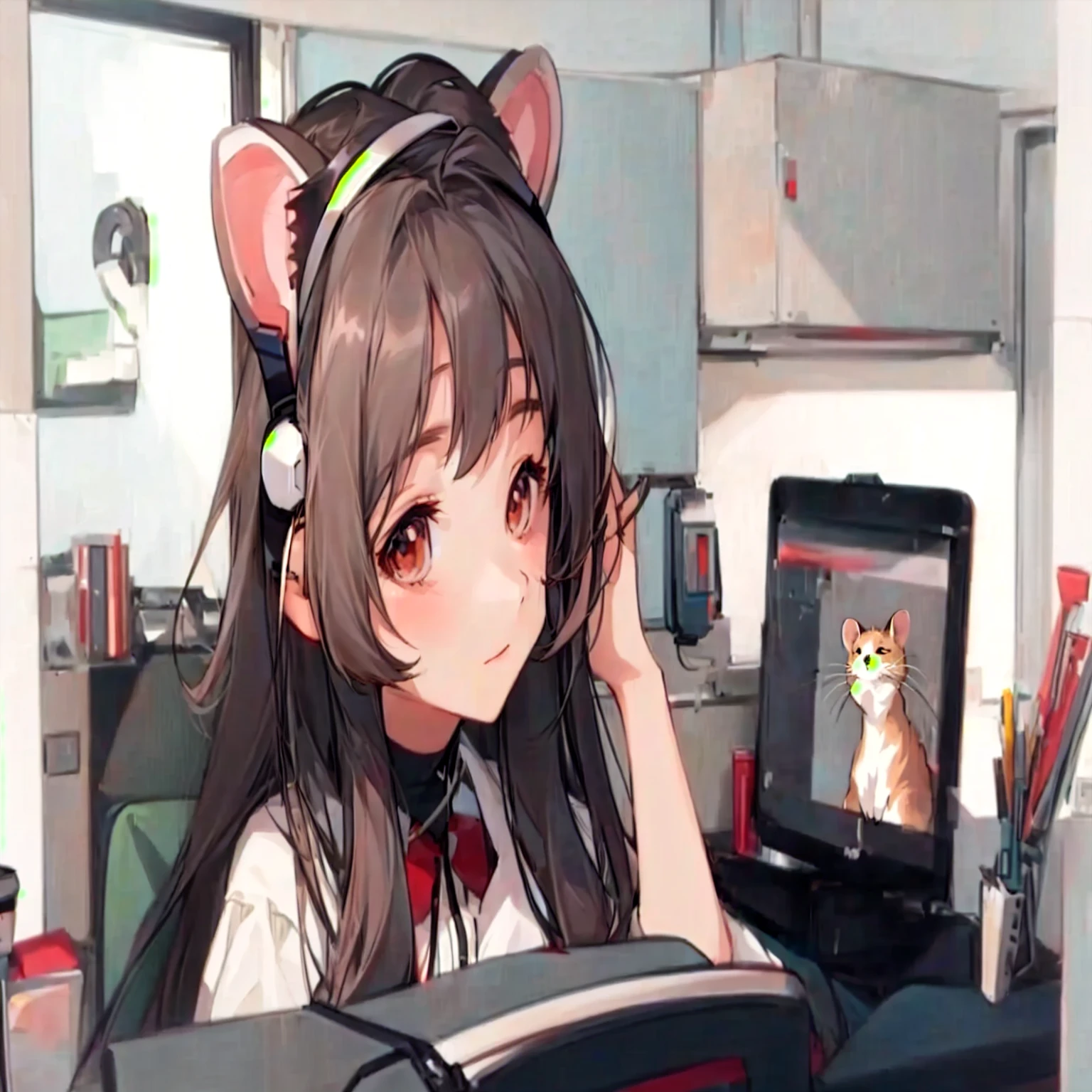 anime girl wearing headphones sitting at the table playing, Ferret sleeping next to