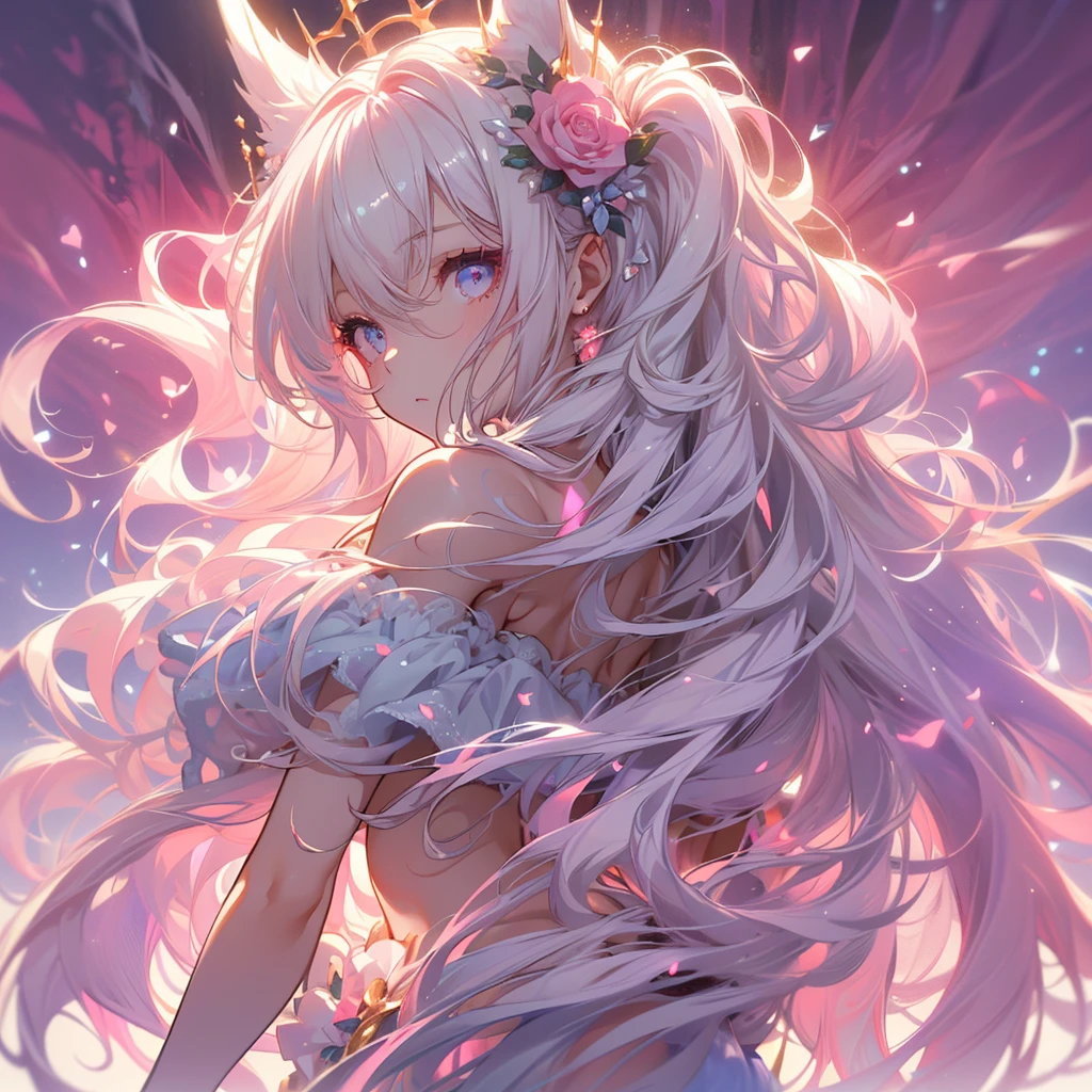 ((masterpiece, best quality)), Delicate face，Bunny Girl，Full body painting，Perfect body proportions，Long legs，((Long wavy hair)), ((Half of her hair is white，The other half is pink，Available in two colors))，beautiful eyes，Fantasy style，White background，Rose，transparent，Sexy bikini，Lace，Garter