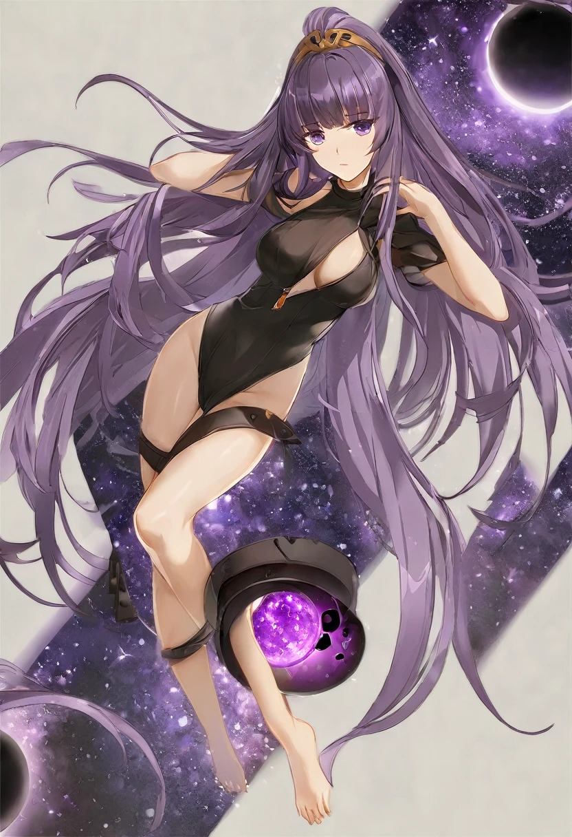 Athena,Purple one-way slightly messy long hair,Purple Eyes,Black one-piece dress,But the jumpsuit is sexy,barefoot,A black hole in the universe,Purple and black black hole,Draw a good look,Normal body proportions
