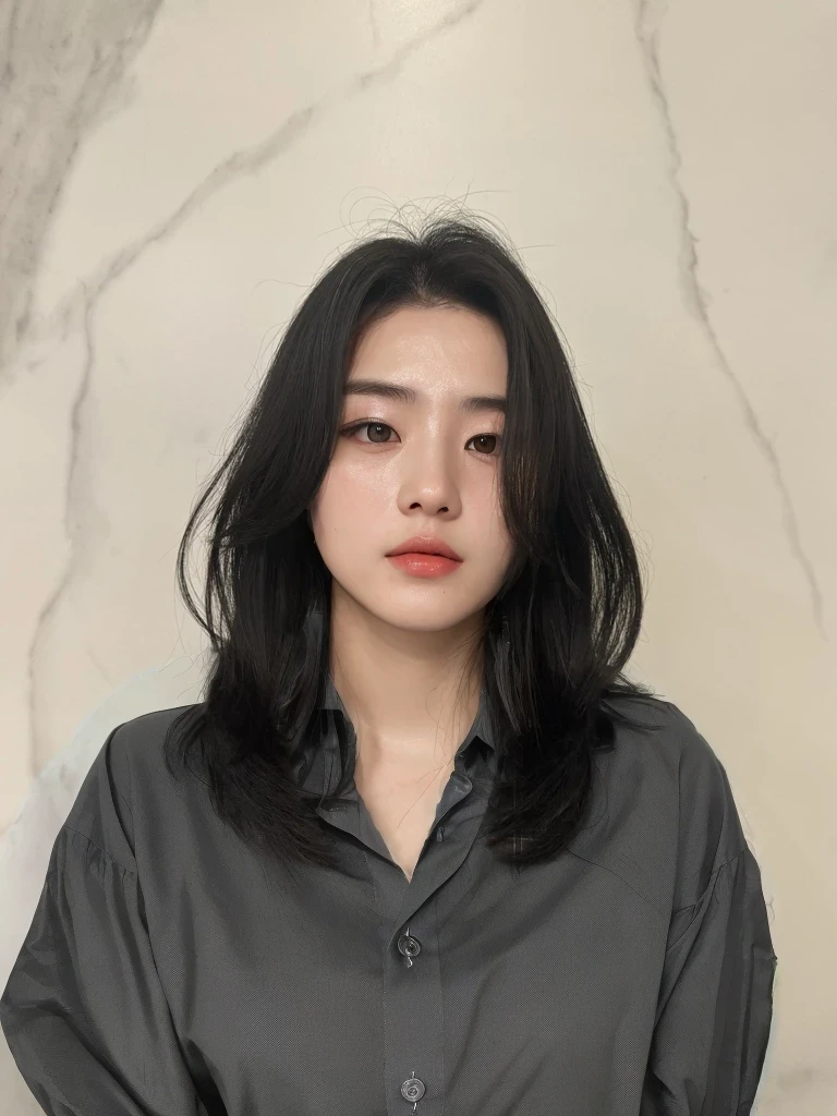 Best Quality, 8k, Masterpiece, (Portrait: 1.3), (photo realistic:1.4), (hyper realistic:1.4), Sharp Focus, looking at viewer, (smoother lighting:1.1), (increase cinematic lighting quality:0.9), realistic lighting, backlighting, light on face, ray trace, (brightening light:1.2), (Increase quality:1.4), sharp detail, (best quality real texture skin:1.4), finely detailed eyes, black_eyes, finely detailed face, 25 year old Korean woman, (white formal_shirt:1.4), (Create an image maintaining the original base model hairstyle:1.5)