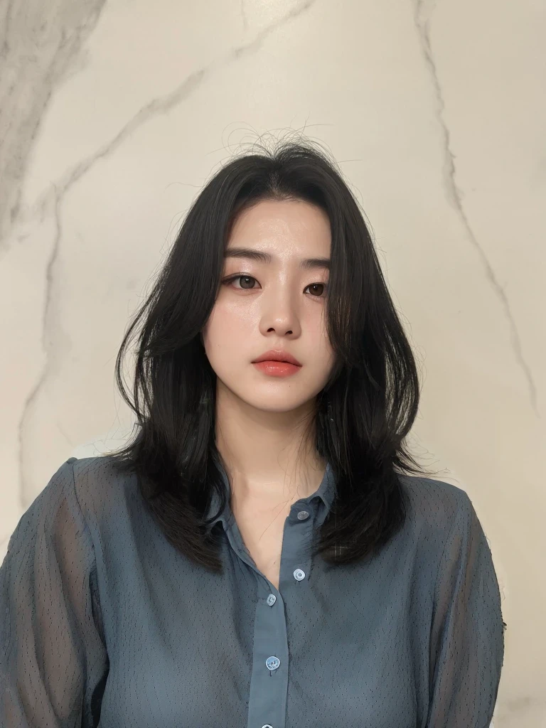 Best Quality, 8k, Masterpiece, (Portrait: 1.3), (photo realistic:1.4), (hyper realistic:1.4), Sharp Focus, looking at viewer, (smoother lighting:1.1), (increase cinematic lighting quality:0.9), realistic lighting, backlighting, light on face, ray trace, (brightening light:1.2), (Increase quality:1.4), sharp detail, (best quality real texture skin:1.4), finely detailed eyes, black_eyes, finely detailed face, 25 year old Korean woman, (white formal_shirt:1.4), (Create an image maintaining the original base model hairstyle:1.5)