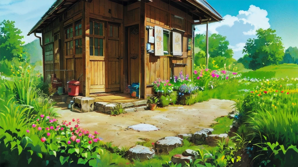 (((high quality))),highly_detailed,extremely_detailed_CG_unity_8k_wallpaper,illustration,highres,absurdres,High saturation,clear,rational construction,cartoon style,brick_wall, building, bush, day, door, fence, field, flower, flower_field, garden, grass, house, nature, no_humans, outdoors, path, pink_flower, plant, potted_plant, road, scenery, sunflower, tree, tree_stump,