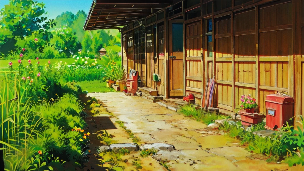 (((high quality))),highly_detailed,extremely_detailed_CG_unity_8k_wallpaper,illustration,highres,absurdres,High saturation,clear,rational construction,cartoon style,brick_wall, building, bush, day, door, fence, field, flower, flower_field, garden, grass, house, nature, no_humans, outdoors, path, pink_flower, plant, potted_plant, road, scenery, sunflower, tree, tree_stump, 