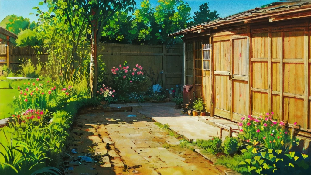(((high quality))),highly_detailed,extremely_detailed_CG_unity_8k_wallpaper,illustration,highres,absurdres,High saturation,clear,rational construction,cartoon style,brick_wall, building, bush, day, door, fence, field, flower, flower_field, garden, grass, house, nature, no_humans, outdoors, path, pink_flower, plant, potted_plant, road, scenery, sunflower, tree, tree_stump,
