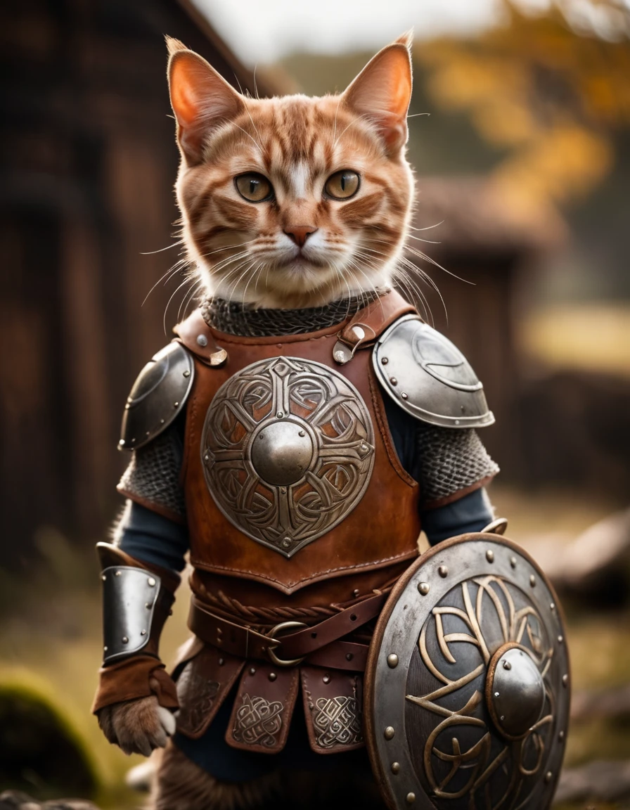 cinematic film still awardwinning photo cute cat, rust, epic, viking knotwork, wearing armor and shield, full body . shallow depth of field, vignette, highly detailed, high budget, bokeh . shallow depth of field, vignette, highly detailed, high budget, bokeh, cinemascope, moody, epic, gorgeous, film grain, grainy, undefined