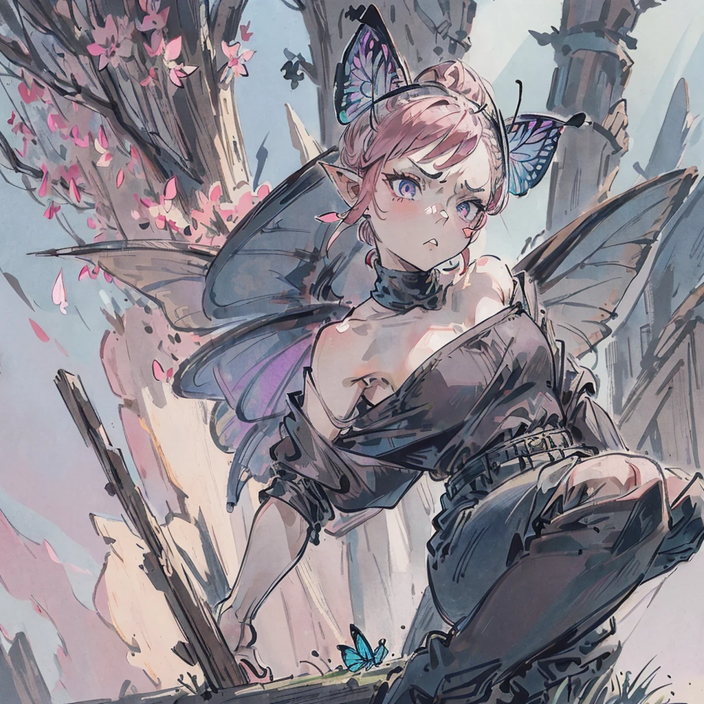 ((high definition)), (from the waist up), tiny pixie, short hair, dim pink hair color, big eyes, grey irises, ((very pointy ears)), (butterfly wings), (butterfly antennae), black turtleneck with shoulder cut-outs, grey shorts, knee-high brown boots, (grumpy expression)