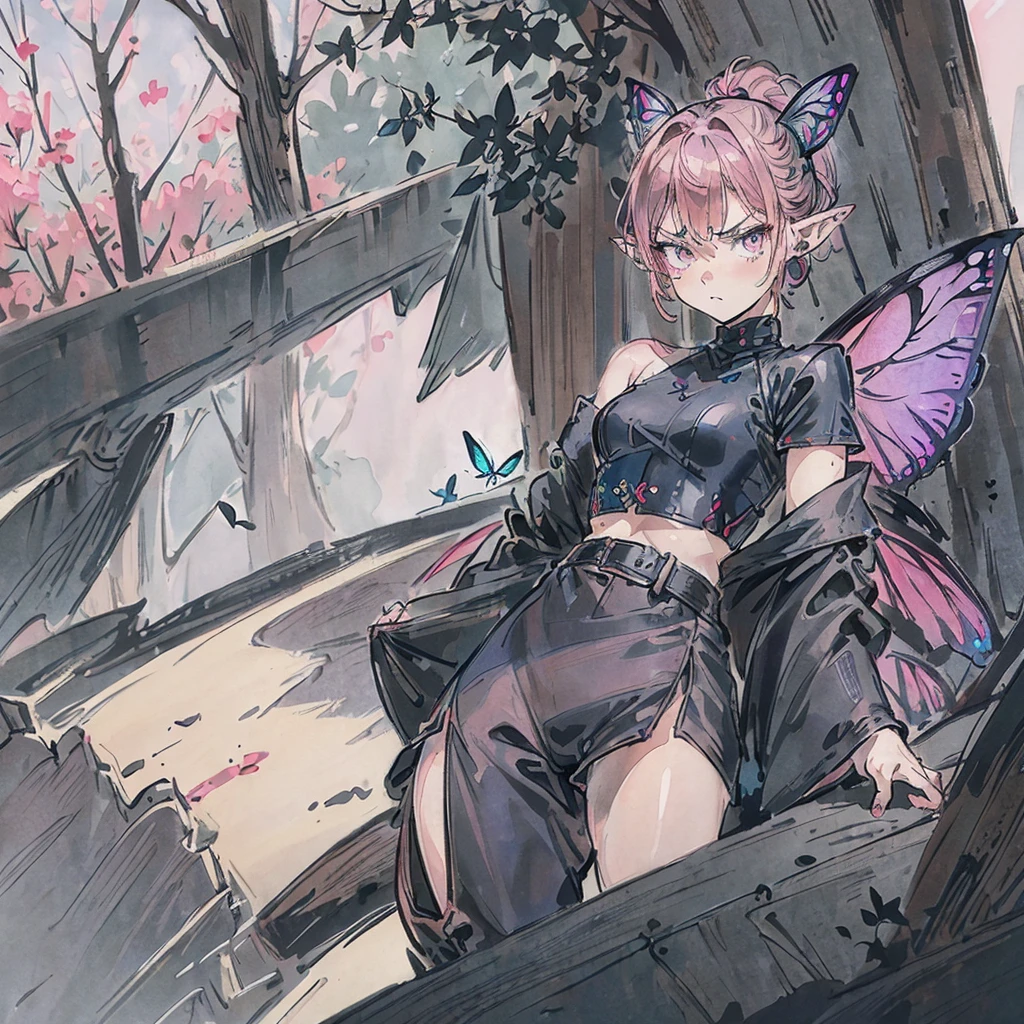 ((high definition)), (from the waist up), tiny pixie, short hair, dim pink hair color, big eyes, grey irises, ((very pointy ears)), (butterfly wings), (butterfly antennae), black turtleneck with shoulder cut-outs, grey shorts, knee-high brown boots, (grumpy expression)