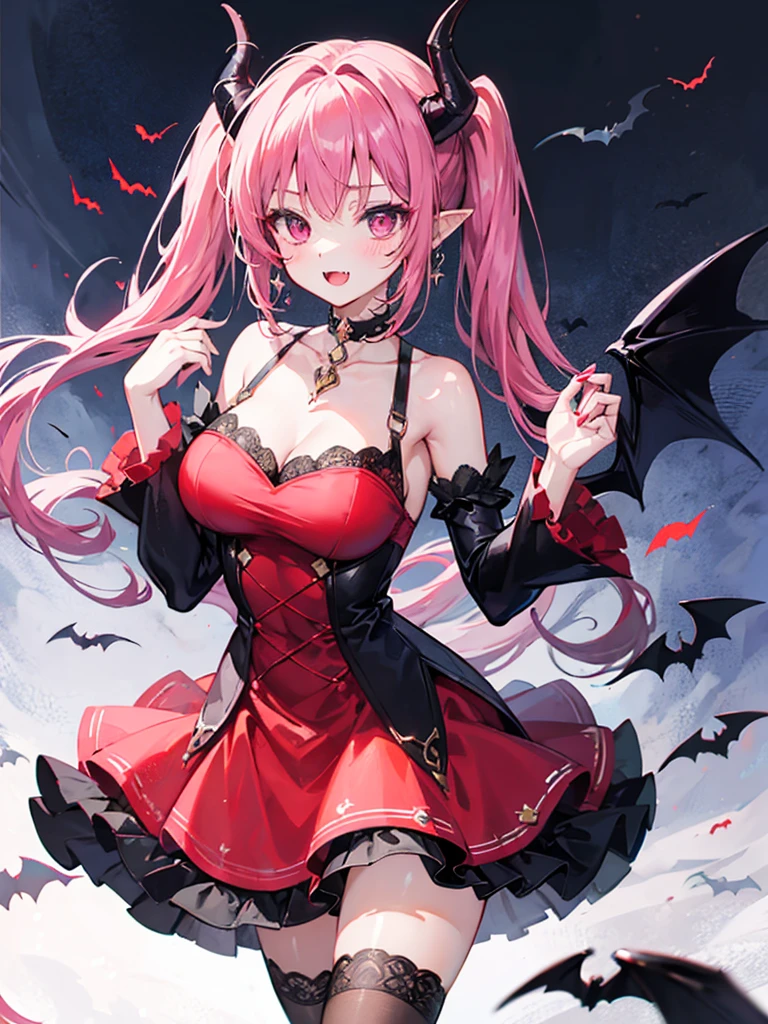 1girl, solo, rating:s, breasts, purple_hair, wings, long_hair, looking_at_viewer, clevelage, :d, twintails, vampire_girl, demon_wings, bare_shoulder, large_breasts, open_mouth, bangs, horns, purple_eyes, bat_wings, red_dress, blush, nail_polish, demon_tail, collarbone, jewelry, choker, pointy_ears, skirt, fang, black_dress, frills, hand_up, cowboy_shot, detached sleeves, low_wings, red_eyes, head_wings