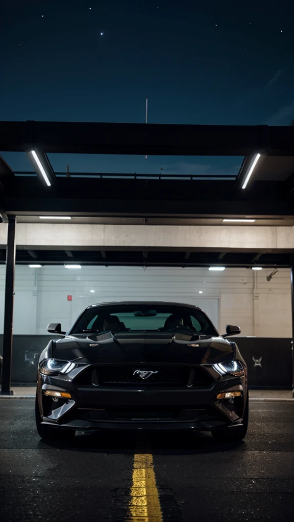 Un Ford Mustang GT color negro, in the city at night, posing on the side. black color