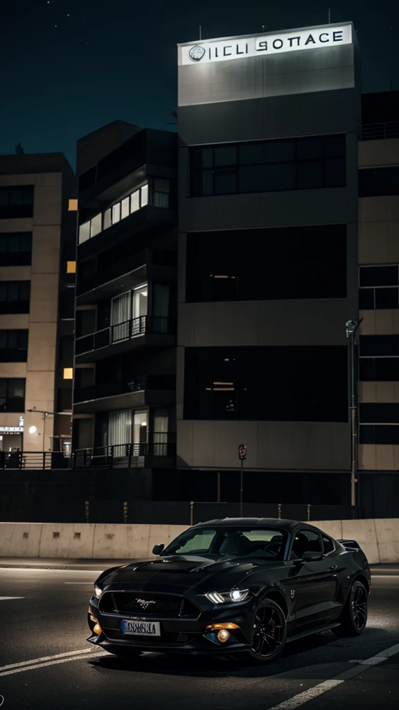 Un Ford Mustang GT color negro, in the city at night, posing on the side. black color