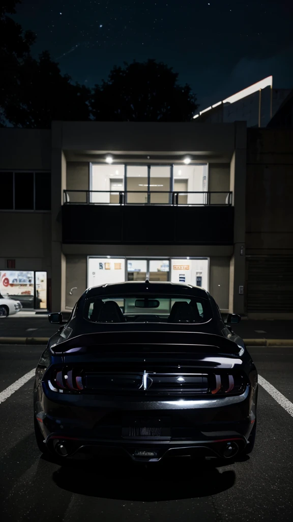 Un Ford Mustang GT color negro, in the city at night, posing on the side. black color