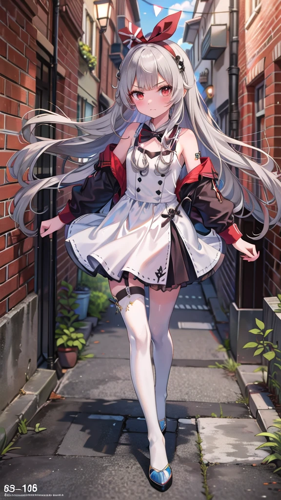 (8K, best quality, master piece: 1.5),super high resolution, One girl, solo, full shot, 10 years old, ultra-detailed face, detailed eyes, rainbow colored iris, wine red eyes, tsurime, annoyed, extra long hair, Silver gray hair, blunt bangs, hairclip, Medium chest, princess dress, bare legs, bridal garter, Alley