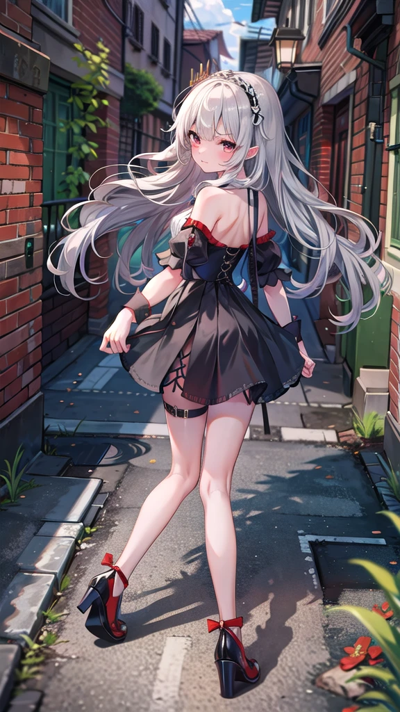 (8K, best quality, master piece: 1.5),super high resolution, One girl, solo, full shot, 10 years old, ultra-detailed face, detailed eyes, rainbow colored iris, wine red eyes, tsurime, annoyed, extra long hair, Silver gray hair, blunt bangs, hairclip, Medium chest, princess dress, bare legs, bridal garter, Alley