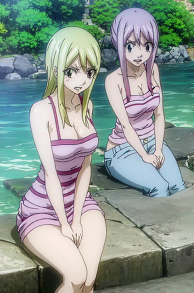 lucy heartfilia sitting on a bench in a park smiling with visible teeths looking happy and blushing face to face in a pink top with perfect hands laughing face to face