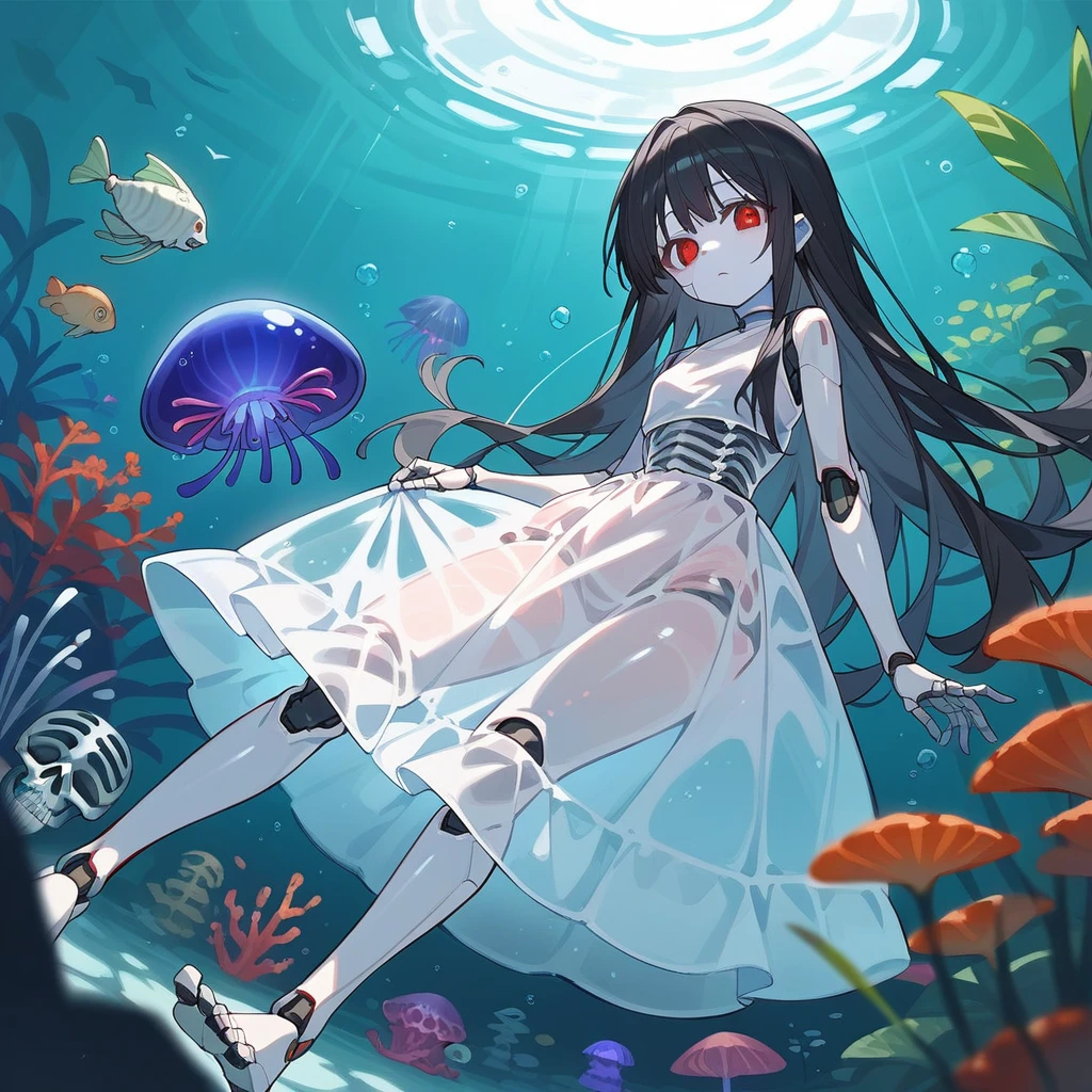 core_9_up, score_8_up, score_7_up, score_6_up, source_anime, 2D、1girl, black hair, red eyes, skeleton body, Translucent dress、骨が見えてる、 blue jellyfish, aquarium, robot joints