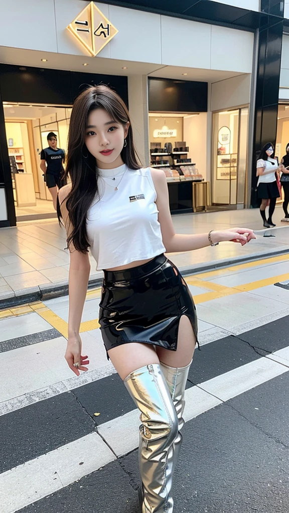 (((random composition : 1.2))), (realistic), (intricate details:1.2), (masterpiece、:1.3), (top quality:1.4), (Ultra A high resolution:1.2), Ultra A high resolution, 8K resolution, very detailed expression, (high quality), complete anatomy, natural anatomy, (full body photo:1.2), (1 korean girl), (In front of a cosmetics store's enterance :1.4), (She is promoting her new opening store.:1.5), (she Dancing femininely and sexyly : 1.4),(wearing in ear a microphone),(she doing promotional narration with mic while dancing K-pop..:1.4), (Event girl dispatched for business promotion purposes : 1.6), she is 21 years old, (she is korean:1.6), (beautiful : 1.4), (brightly colored hair), (She is Narrator model : 1.4), (She is Companion : 1.4),(She is event assistant : 1.4), (big earrings), (in-ear microphone : 1.4), heavy makeup, cheerful expression, choker necklace, long legs, (The girl is wearing a slim, sleeveless racing girl uniform and a tight, shiny miniskirt. : 1.4), (She is wearing flesh-colored shiny pantyhose under her skirt and white overknee boots. :1.4), glowing skin, passionate promotional model, friendly smile, (Making eye contact with each other :1.4), kidney practitioner, multiple wreaths, event roulette, signboard, woofer speakers, performance equipment, event product promotion, Lots of people passing by on the street and paying attention to her., In front of the shopping mall in crowed