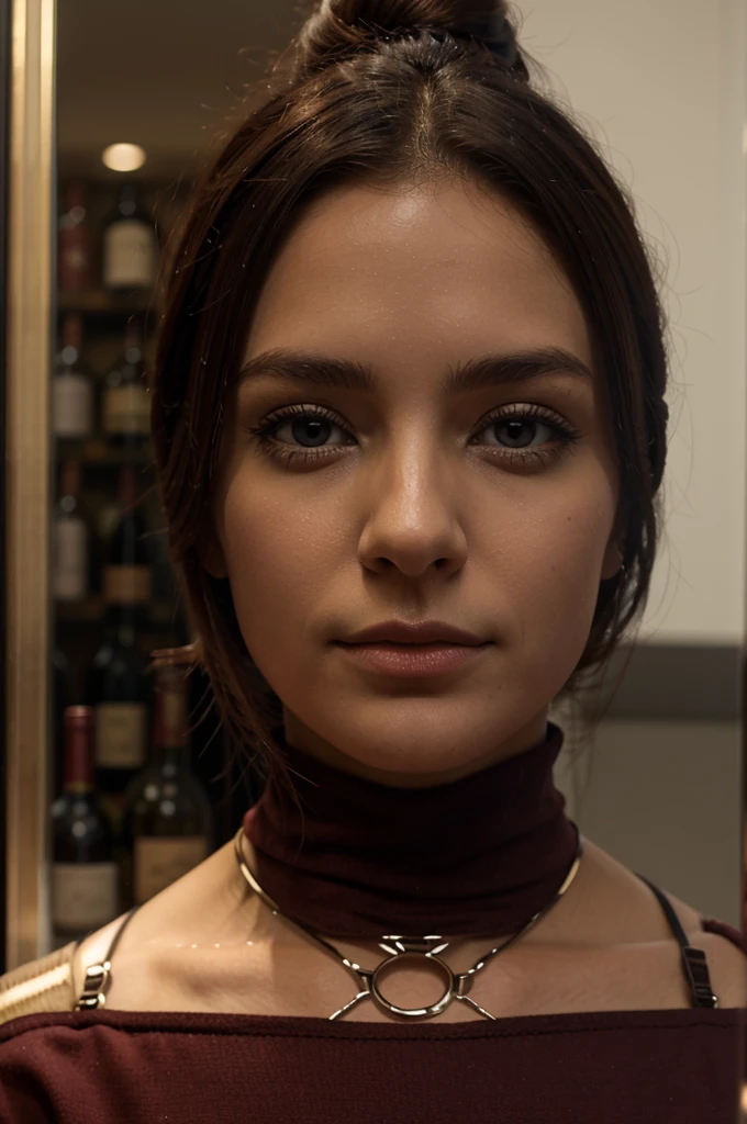 A glass wine bottle has human features on it