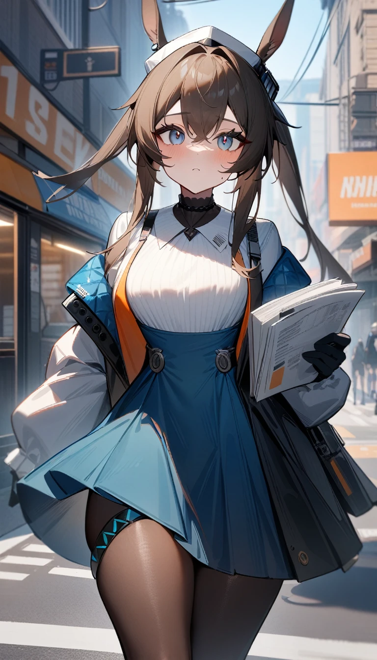 1girl, amiya \(newsgirl\) \(arknights\), arknights, perfect eyes,city street,masterpiece,very aesthetic,newest,sensitive