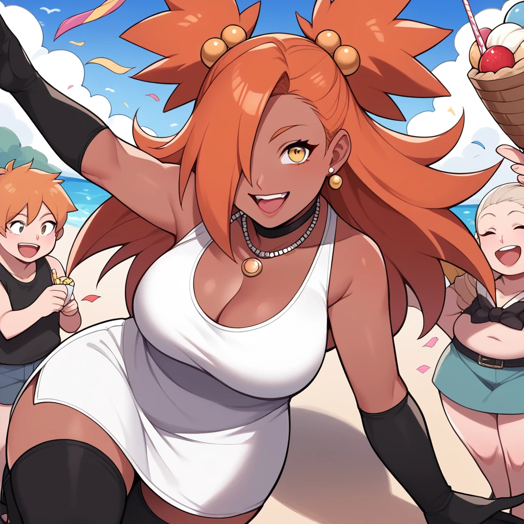score_9, score_8_up, score_7_up, score_6_up, score_5_up, score_4_up, source_anime, rating_safe, BREAK chouchou akimichi,1girl,dark-skinned female,curvy,orange hair,hair over one eye,two side up,long hair,yellow eyes,hair bobbles,jewelry,earrings,black long dress,one leg dress,necklace,sleeveless dress,black long gloves,black thighhighs,big breats,cleavage,party