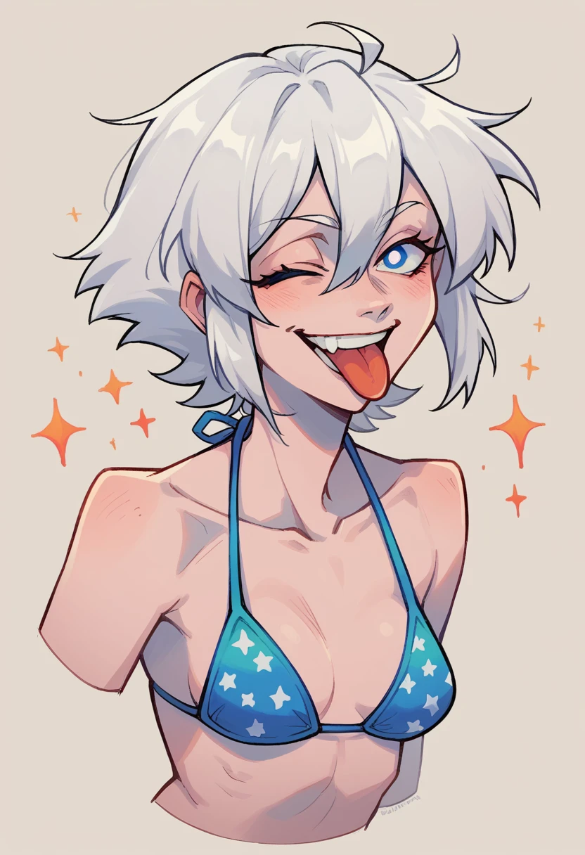 Girl like thin face, thin and small eyes. white hair, has sensual, wink, tongue out, excited, bikini, minimalist part, Simple details, strokes release thick. pale skin, natta.