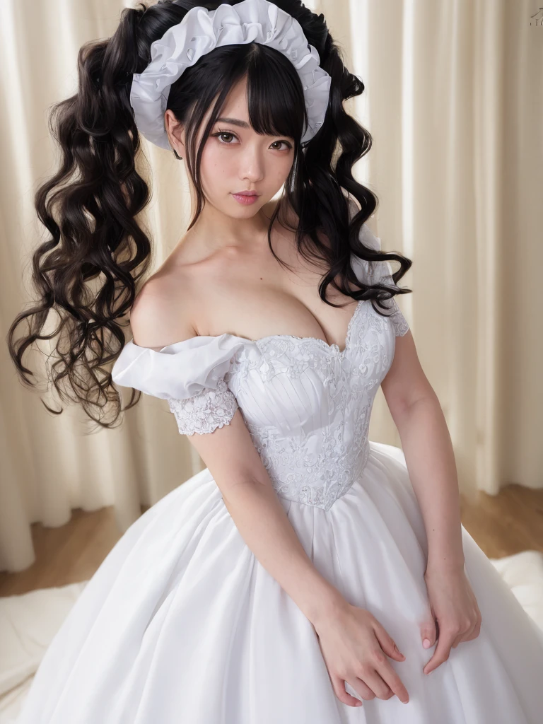(Highest quality:1.9)、(High resolution)、Live-action image quality、((20-year-old woman、1 person))、Soft lighting by a professional photographer、Natural light、((Very spacious white luxurious room:1.6))、((Bright white room:1.tanding in front of a very luxurious white bed:1.2)、(White bookshelf background:1.1)、Natural soft light、((Black Hair Color:1.1))、Fair skin、Detailed Eyes、double eyelid、Slightly puffy ks、((Small Face:1.0))、(black maid_cosplay, breasts, port sleevpuffy sleeves, short ves, maid headdress, chain, frills, white gloves, cowboy shot, large breasts, pointy hair, glohic, gothic maid)、(Cute Smile)、((Girly pose 1.8))、((Long curly hair:1.1))、((Full Body Shot:1.2))、((Height: 165cm))、Hands in front、Hold hands between legs、