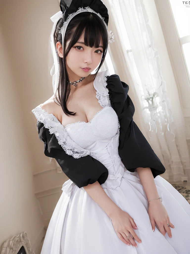 (Highest quality:1.9)、(High resolution)、Live-action image quality、((20-year-old woman、1 person))、Soft lighting by a professional photographer、Natural light、((Very spacious white luxurious room:1.6))、((Bright white room:1.6))、(Standing in front of a very luxurious white bed:1.2)、(White bookshelf background:1.1)、Natural soft light、((Black Hair Color:1.1))、Fair skin、Detailed Eyes、double eyelid、Slightly puffy cheeks、((Small Face:1.0))、(black maid_cosplay, breasts, puffy short sleeves, puffy sleeves, short sleeves, maid headdress, chain, frills, white gloves, cowboy shot, large breasts, pointy hair, gloves,gothic, gothic maid)、(Cute Smile)、((Girly pose 1.8))、((Long curly hair:1.1))、((Full Body Shot:1.2))、((Height: 165cm))、Hands in front、Hold hands between legs、