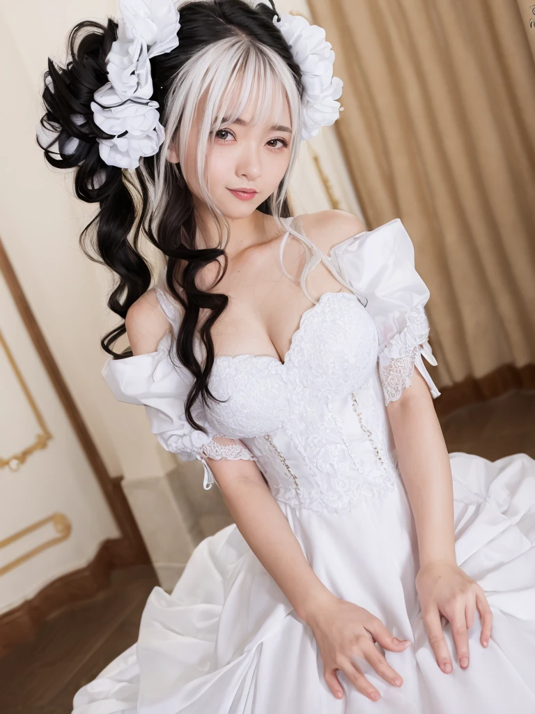 (Highest quality:1.9)、(High resolution)、Live-action image quality、((20-year-old woman、1 person))、Soft lighting by a professional photographer、Natural light、((Very spacious white luxurious room:1.6))、((Bright white room:1.6))、(Standing in front of a very luxurious white bed:1.2)、(White bookshelf background:1.1)、Natural soft light、((Black Hair Color:1.1))、Fair skin、Detailed Eyes、double eyelid、Slightly puffy cheeks、((Small Face:1.0))、(black maid_cosplay, breasts, puffy short sleeves, puffy sleeves, short sleeves, maid headdress, chain, frills, white gloves, cowboy shot, large breasts, pointy hair, gloves,gothic, gothic maid)、(Cute Smile)、((Girly pose 1.8))、((Long curly hair:1.1))、((Full Body Shot:1.2))、((Height: 165cm))、Hands in front、Hold hands between legs、