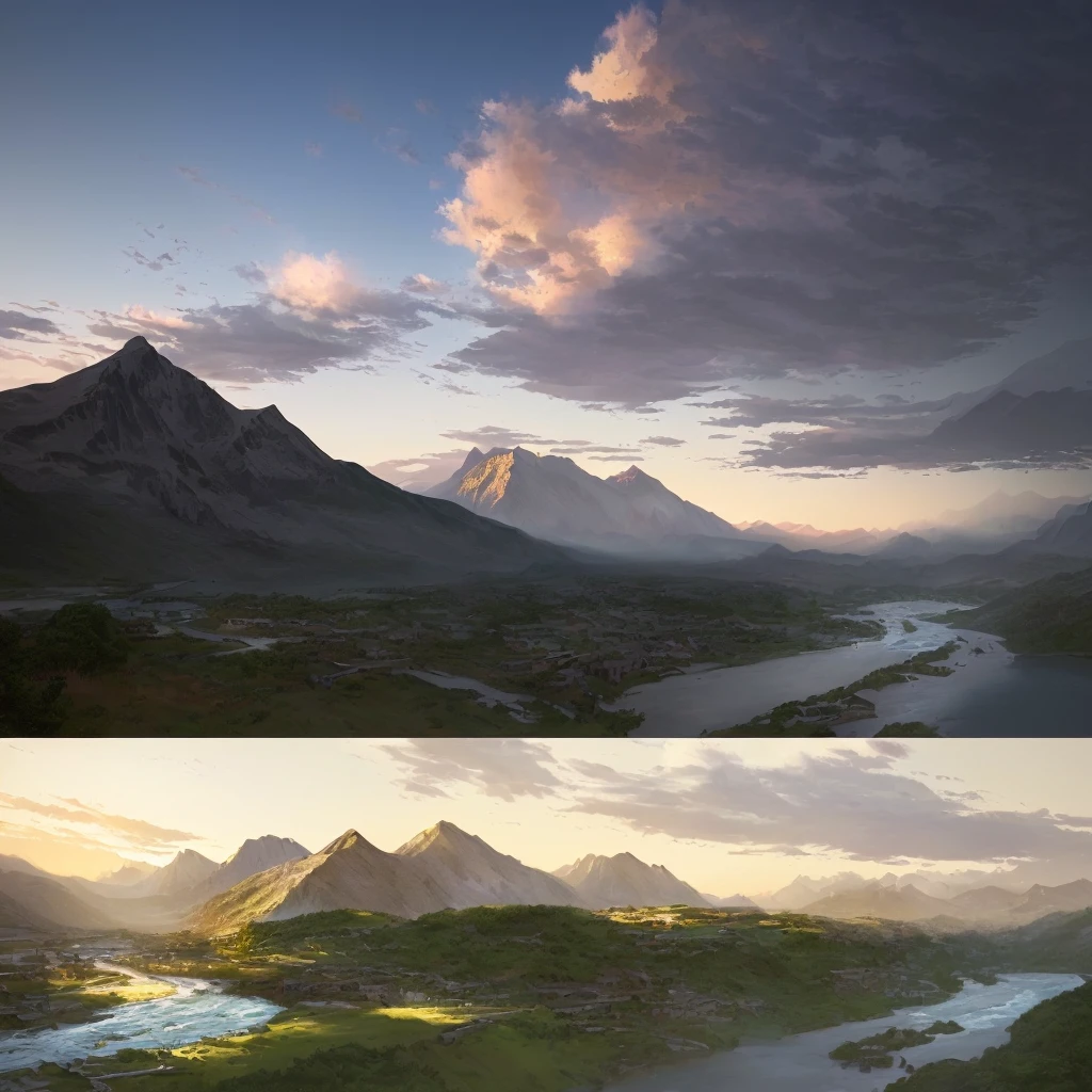 there are two photos of a mountain and a river in the same photo, scenery art, anime landscape, digital landscape art, little detailed. digitalpainting, detailed scenery - width 672, scenery art detalhada, style of makoto shinkai, anime rural landscape, digitalpainting 4k, painted in anime painter studio, digitalpainting highly detailed