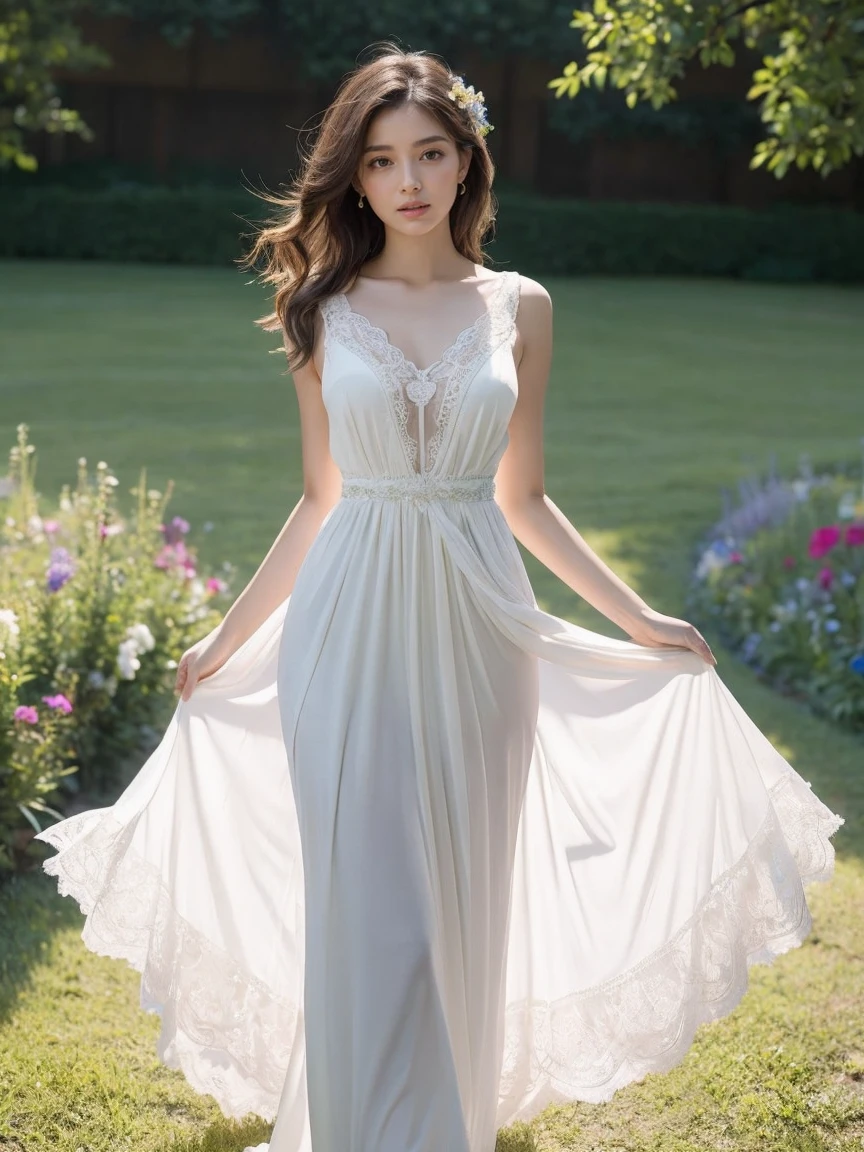 0,Super detailed,a beautiful girl, , playful and charming. The girl’s dress is made of a delicate, flowing fabric that seems to dance in the breeze. The color is a soft pastel, reminiscent of the wildflowers that surround her. The bodice is fitted, with intricate embroidery and beading that catches the light. The skirt is full and flowing, with layers of fabric that rustle softly as she moves. The overall effect is one of timeless elegance and grace.