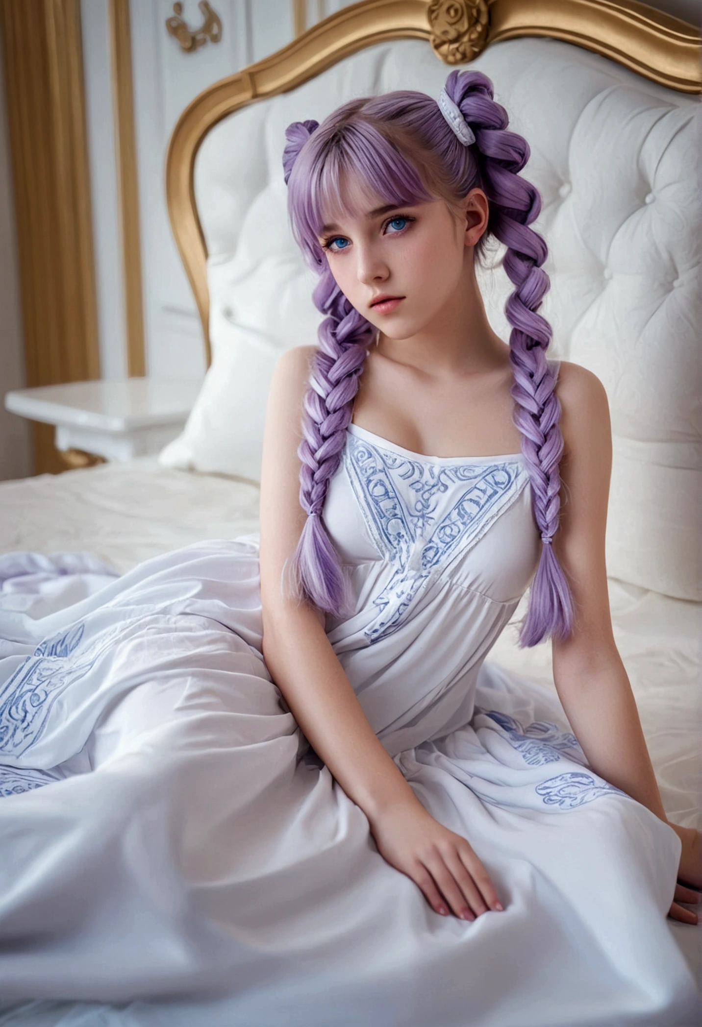 Girl, 17 year old, Twintails Hair Style, light purple hair, Greek white dress, lying on a bed, blue eyes, thin , sensual position, looking at the viewer, in a white palace, 4k, detailed face, good anatomy