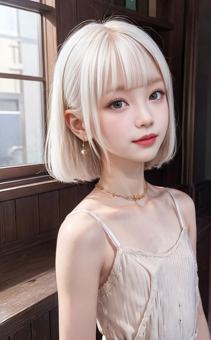 ((masterpiece:1.2、Highest quality、Tmasterpiece))、1 female、alone、classroom、Day、(Korean Idol:1.2)、(Are standing:1.4)、blonde、(Hime Hair:1.4)、Wavy Hair,Beautiful legs、((camisole:1.4))、(Beautiful white skin:1.4)、(Small breasts:1.5)、Hoop Earrings、lipstick、Ring Choker、blush、smile、Covered breasts、(Thick lips:1.2)、Detailed body、Very detailed絵画, Luminism、4K resolution、3D Rendering、Exquisitely crafted , Cinematic、Realistic、Hit definition、Abstract Beauty、Approaching perfection, Pure Form, Golden Ratio、Very detailed, Digital photography, Soft natural light, 50mm lens, F1.8 Vacancies、blush、Small face、(Tight waist:1.3),(albino:1.5),(anorexia:1.3),(Sickly:1.2),(Face close-up:1.4),(Short Bob:1.2),(Cabaret Club:1.2)、smile