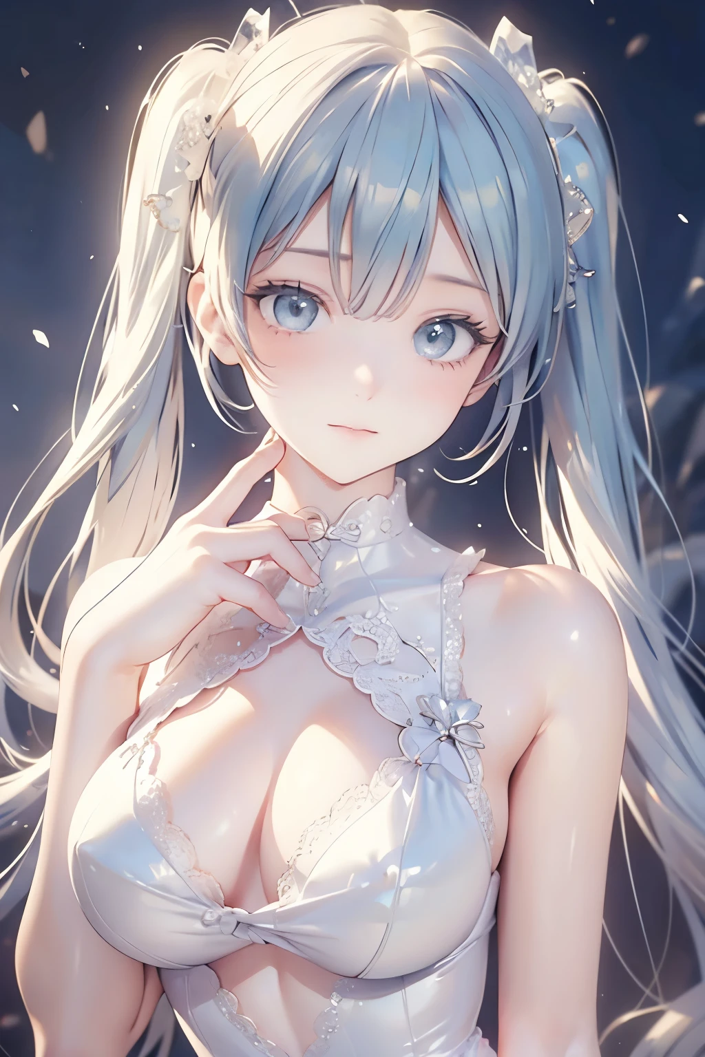 see through，Beautiful and fair、Radiant Skin, 3 Up, Gorgeous, bright, Refreshing and gentle expression, Perfect beautiful face、Beautiful shiny bangs, A very beautiful 17 year old girl, Eyeliner, Very perfect eyes，Very large breasts，Grooves reveal original skin，Muscular body，White lace underwear，Hatsune Miku