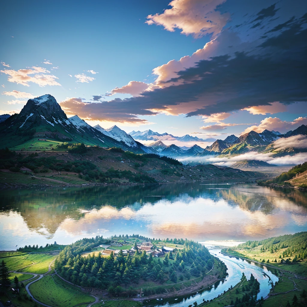 there are two photos of a mountain and a river in the same photo, scenery art, anime landscape, digital landscape art, little detailed. digitalpainting, detailed scenery - width 672, scenery art detalhada, style of makoto shinkai, anime rural landscape, digitalpainting 4k, painted in anime painter studio, digitalpainting highly detailed
