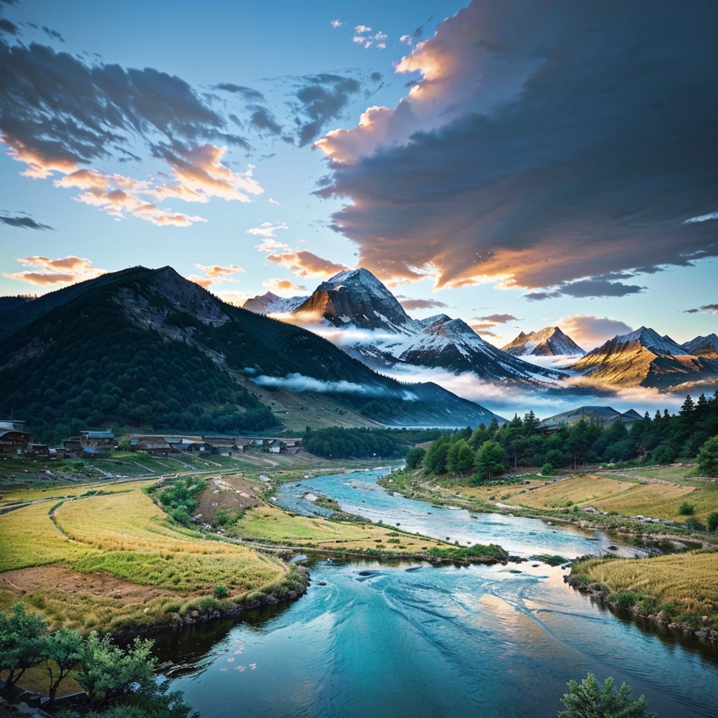 there are two photos of a mountain and a river in the same photo, scenery art, anime landscape, digital landscape art, little detailed. digitalpainting, detailed scenery - width 672, scenery art detalhada, style of makoto shinkai, anime rural landscape, digitalpainting 4k, painted in anime painter studio, digitalpainting highly detailed
