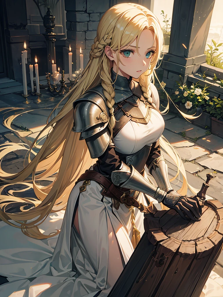 A woman with long blonde hair they would have braided, she would have dark souls style knight armor. Green eyes.
