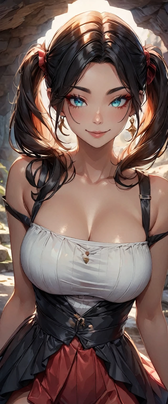 Photo of a woman with natural skin, Seaside cave, The light is shining in, Upper Body, Smiling, High Twintails, Black hair with red mesh, Sharp eyes with red eyeshadow, Blue-green eyes, Shining eyes, A thin, upturned nose, Well-shaped lips, Big Breasts, ((Black off-the-shoulder dress, Thin shoulder straps)), barefoot, Makeup, Exquisitely crafted with the utmost attention to detail, Vibrant, amazing, Smooth, Cinematic, 4K, Backlight, (()), Shallow depth of field, ((Detailed eyes:1.3, Detailed lips:1.3, high quality, )), masterpiece, Super detailed images, High quality