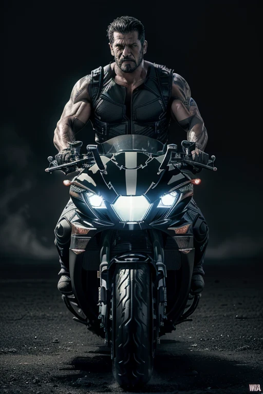 (( Frank Castle on a black Kawasaki ninja bike )),, ((30 years old)), (( stark, perfectbody, well-defined )), (( Or punisher )), (( quadrinhos da marvel )), with ballistic operational military tactical modular vest (( black man with big skull printed on chest ))