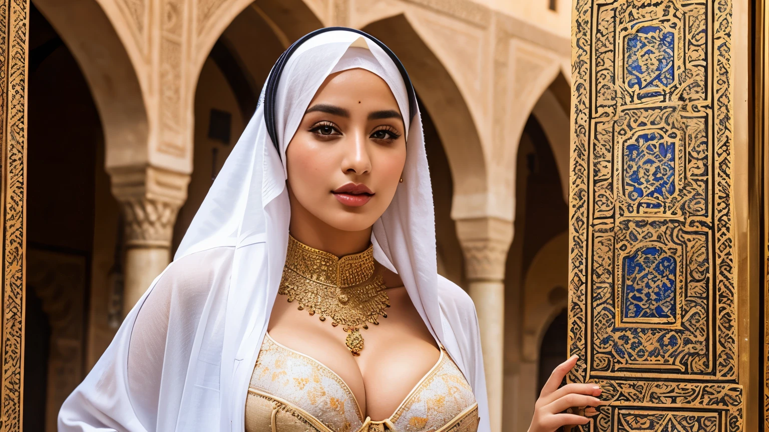 Instagram Arabian models pose in Fes, in traditional clothes, full entire body, beautiful detailed eyes, beautifully detailed lips, big breasts with bra and hijab, extremely detailed eyes and face, short, nice rosa Haar ((best qulaity)), ((masterpiece)), (detailled), perfect face, full entire body, ahegao