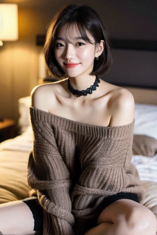 (Short Hair Woman),(Off-the-shoulder sweater,Oversized sweater),(Hidden shorts),(Sitting cross-legged,Place your hands on your thighs),On the chest on the bed,deep,Highest quality,masterpiece,Awareness-raising,Very delicate and beautiful,Very fine skin,Hmph,Unity,8k wallpaper,wonderful,Down to the last detail,Highly detailed ticker Unity 8K wallpapers,Large file size,High resolution,Handsome detailed woman,Highly detailed eyes and face, wonderfully detailed eyes,The light shines on your face,(Best illustrations:1.1),(Best Shadow:1.1),超High resolution,(Photorealistic:1.1),(Real 1.2:1.1),Realistic Face Proportions,slim,smile,(fluffy Iris:1.21),Iris,Looking at the audience,Dark brown hair,ear nipple ring,Choker Necklace,hairpin,Full body photo,(Irregular skin scars,vein,Birthmark,Wrinkles on the skin,pores:1.2),(Dark Night Background: 1.2), (Bokeh: 1.4),(High heels:1.2),(Lace pantyhose:1.3)