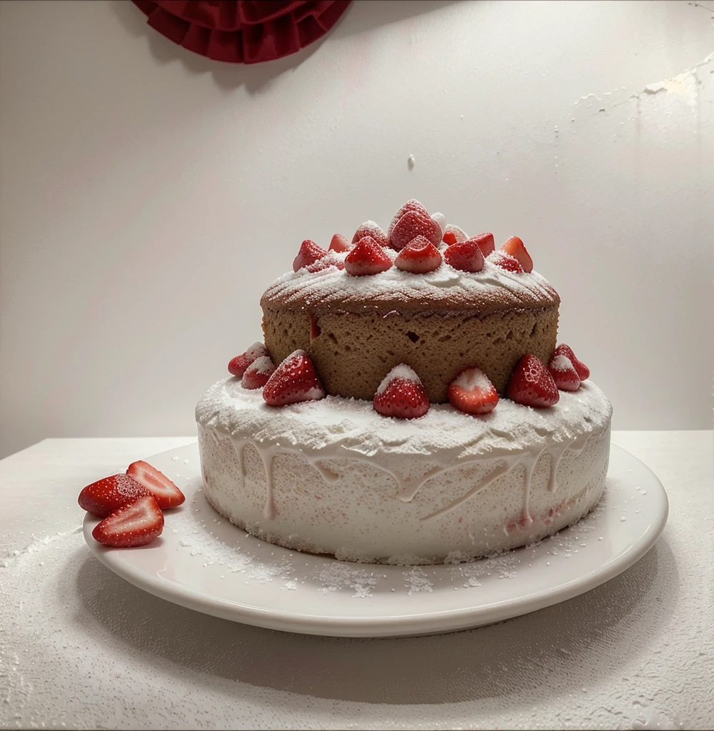 A slice of red velvet cake with strawberries and powdered sugar. Served on a white plate, (on clean white limbo background,) dramatic light, mood & tone tempting, delicious food visual ((masterpiece)) (sharp & detail texture food photography